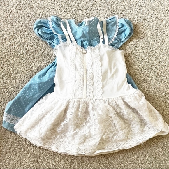 Vintage Handmade Girls Dusty Blue Prairie Ruffle Dress Sz 6? Lace White Slip - Picture 12 of 12